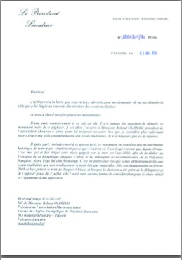 日本からの公開書簡に対するガストン・フロス仏領ポリネシア大統領からの返信